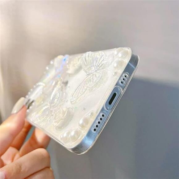 iPhone 16, 16 Pro, 16 Pro Max Bling Butterfly Glitter Case w/ Pearl Strap - Picture 3 of 7